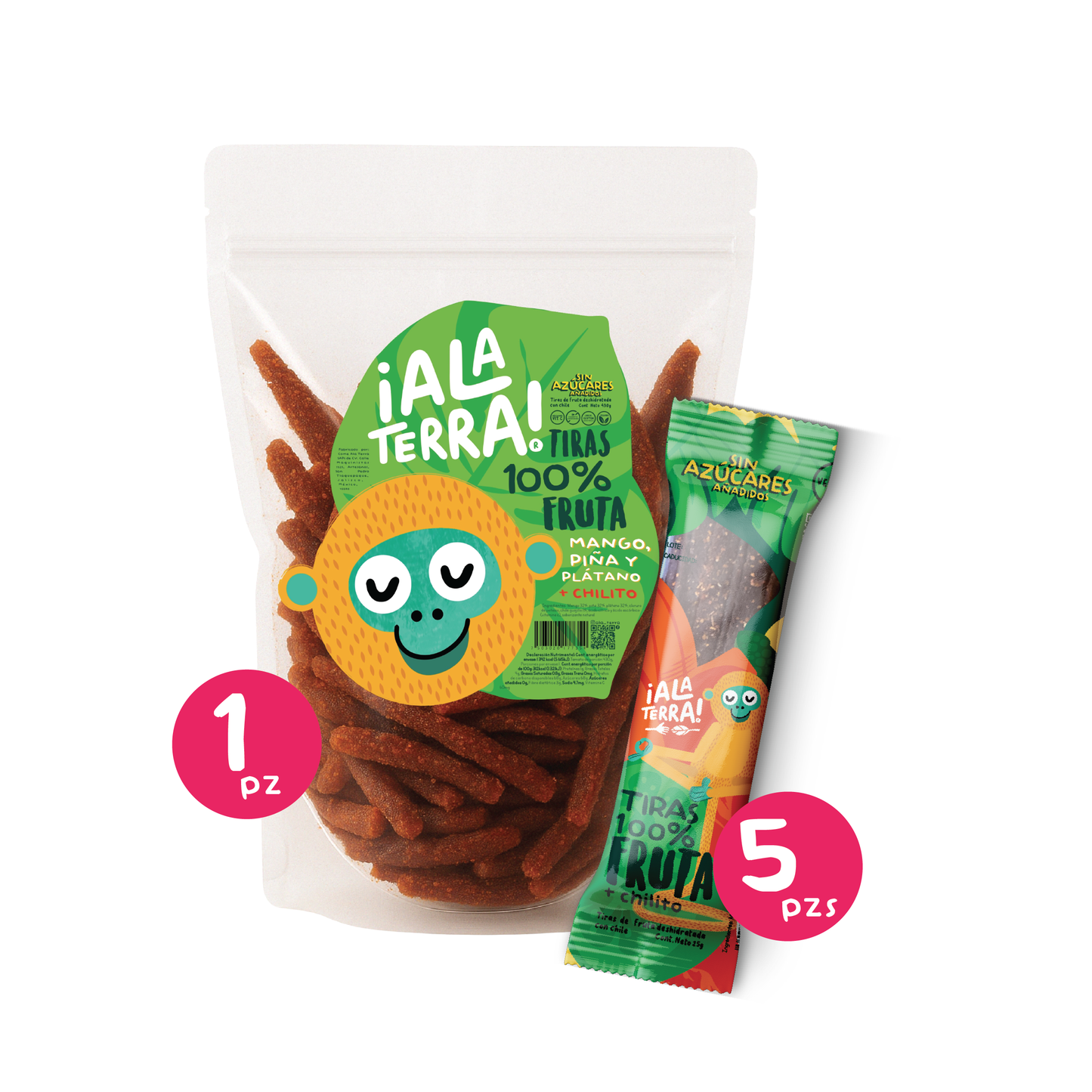 Combo Tiras 100% hechas de fruta, 5 pzs + bolsa 430g ¡Ala Terra! Sin sellos